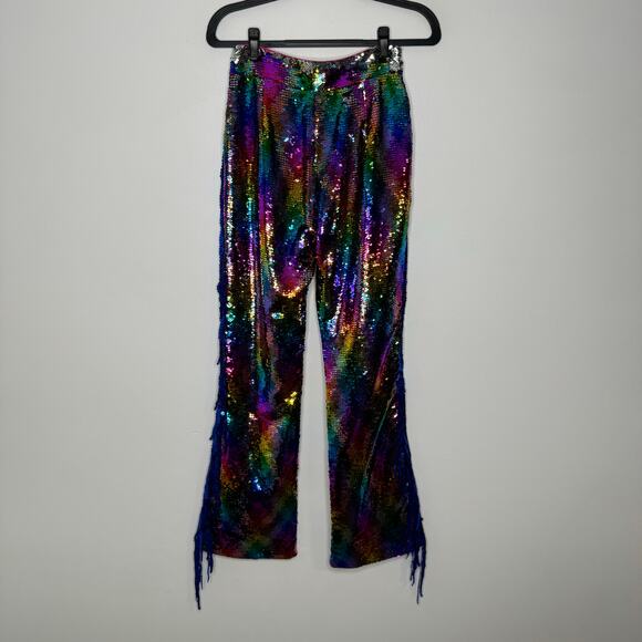 NWT NASTY GAL Rainbow Sequin Fringe Flare Pants US 4 - Picture 3 of 5